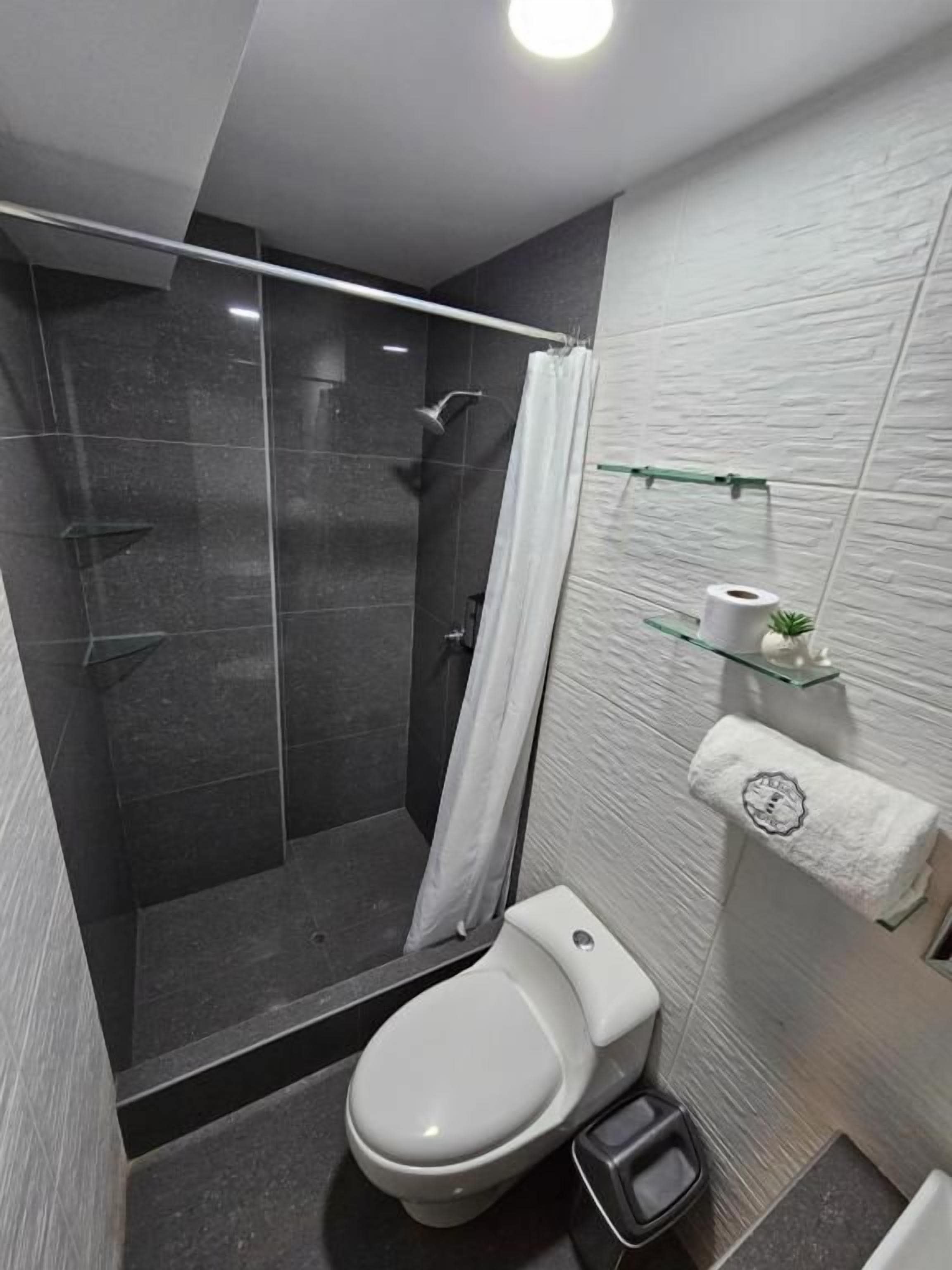 Een moderne badkamer met een douchecabine, een toilet en een handdoekrek met een opgerolde handdoek.