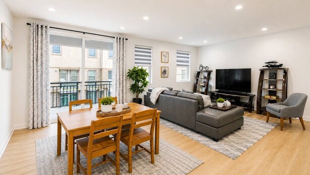 A modern living room with a dining table, grey sofa, and a flat-screen TV. - Fully Furnished 3BR and 3BA Retreat with Views (Eastvale)