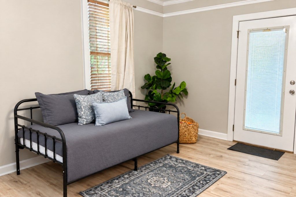 Une pièce avec un canapé gris, un tapis à motifs, une plante en pot et une porte avec une fenêtre.