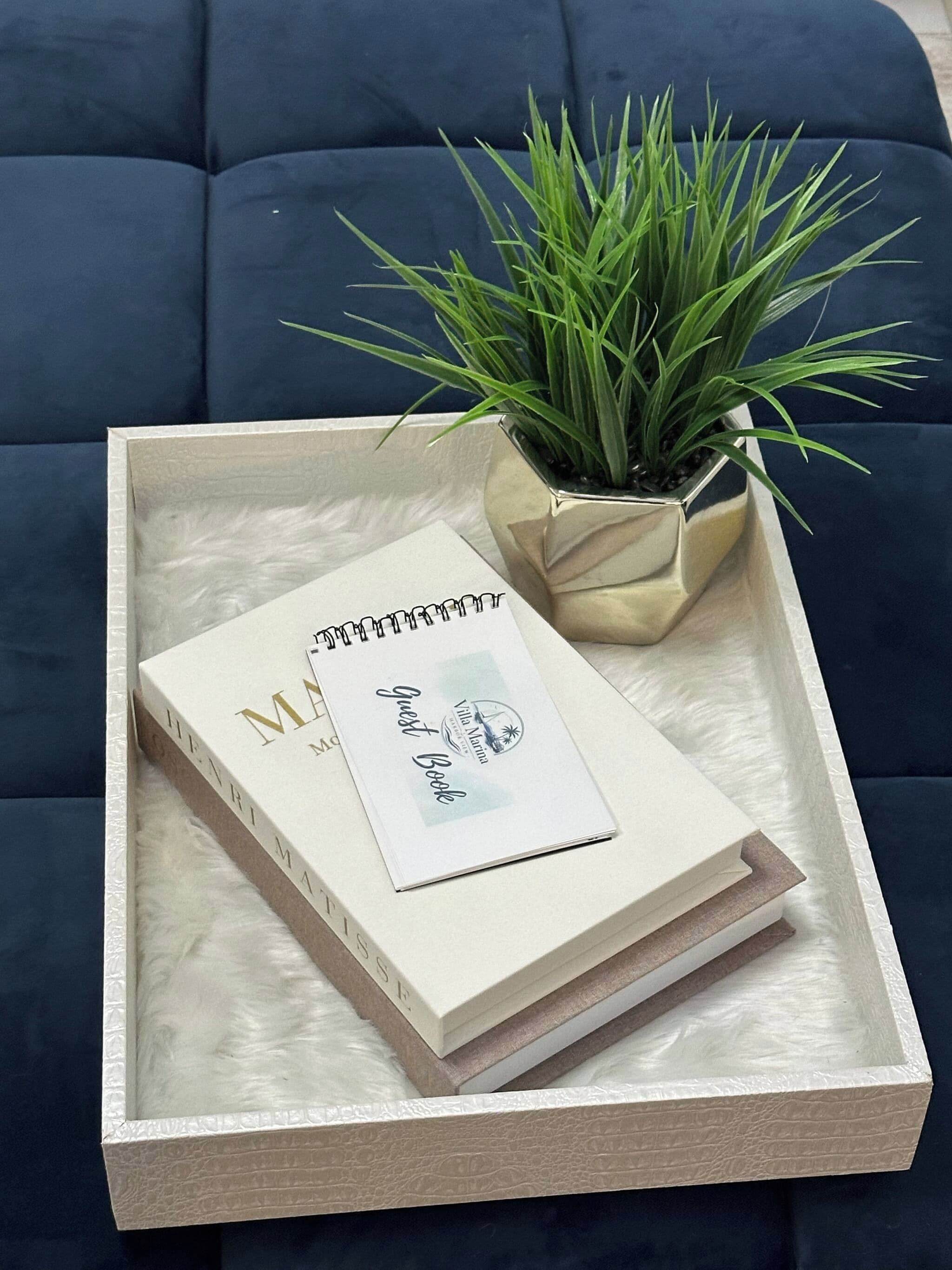 Ein Tablett mit einem Buch mit dem Titel 'M' und einem Gästebuch der Villa Marina auf einem dunkelblauen Sofa.