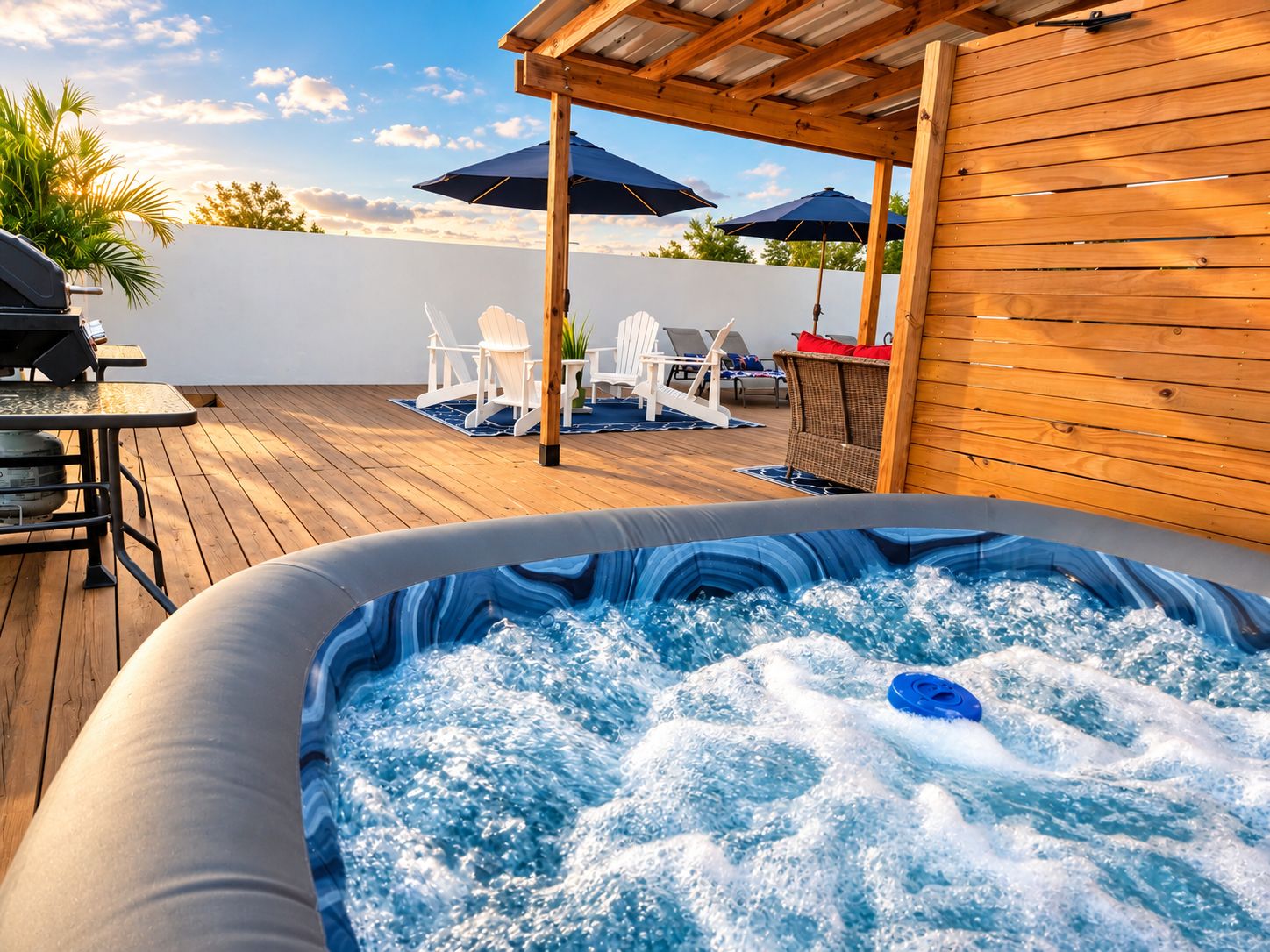 An outdoor hot tub with a wooden deck, lounge chairs, and umbrellas.