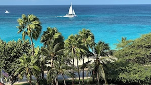 A coastal view with a sailboat on the water, palm trees, and a road with an American flag. - 2-bedroom Penthouse Condo in Divi Golf & Beach with breathtaking Oceanfront view (Oranjestad)