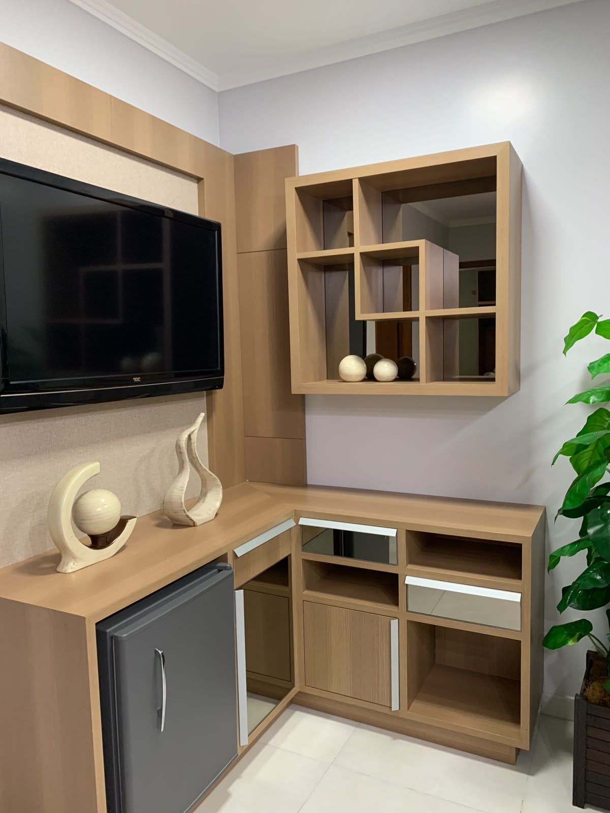 Habitación moderna con televisión integrada, estanterías de madera y una planta.