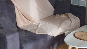 Ein Wohnzimmer mit einem dunkelgrauen Sofa, einer hellen Tagesdecke, einem kleinen runden Tisch mit Unterlage und einer Wandregal mit Büchern und einer kleinen Dekoration.
