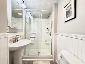 A bathroom with a glass-enclosed shower, a white sink, and a toilet. - Spacious 3B2B home near JWU & Roger Williams Park (Providence)