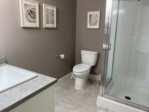 Une salle de bain avec une baignoire, des toilettes et une douche à parois de verre.