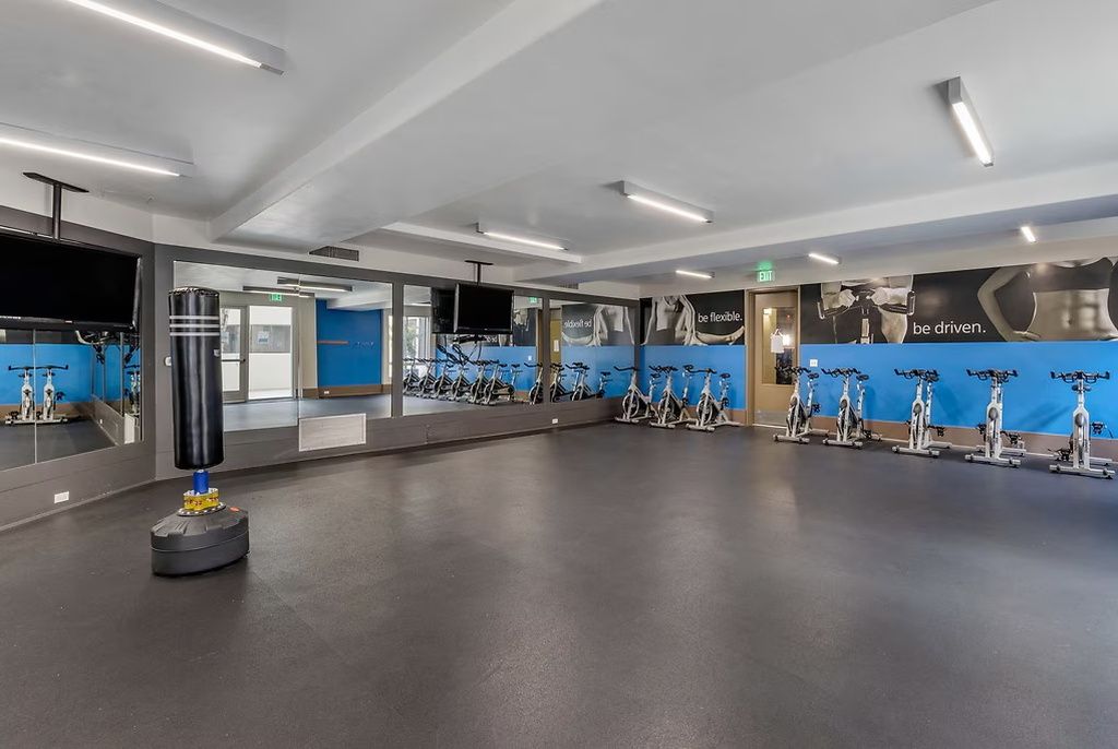 A gym with exercise bikes, a punching bag, and mirrors on the walls.