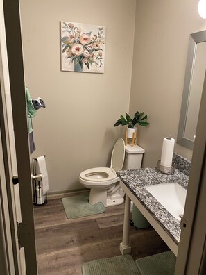 Un baño con inodoro, lavabo y un cuadro en la pared.