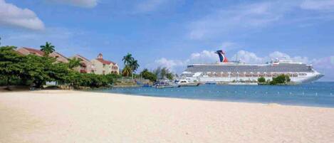 A cruise ship docked at a beach with a clear sky.