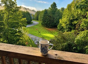 A wooden deck with a mug on it, overlooking a road and greenery. - The Blue Edelweiss.. Your cozy cabin with great amenities (Helen)
