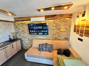 Ein gemütlicher Wohnbereich mit Steinwand, einem wandmontierten Flachbildfernseher, einer Couch mit einem Blumenkissen und einer kleinen Küchenzeile mit Spüle und Schrank.
