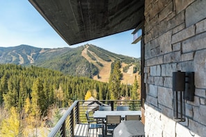 Ein Balkon mit Blick auf einen bewaldeten Berg.
