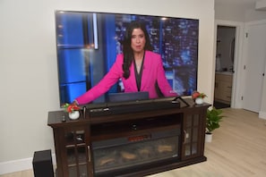 A television displaying a news anchor in a pink suit, a wooden entertainment center with a speaker, and a plant. - Comfort Home (St. John's)