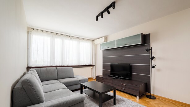 Ein modernes Wohnzimmer mit einem grauen Sofa, einem Couchtisch, einem Flachbildfernseher und einer dunklen Holzkommode.