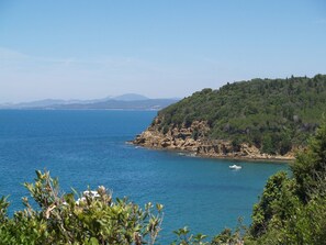 A coastal landscape with a clear view of the sea, a boat, and a rocky cliff with vegetation. - A5 - Three Bedroom (Grosseto)