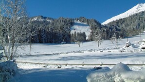 Un paysage enneigé, avec une montagne en arrière-plan et un ciel bleu dégagé.