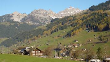 Ländliche Landschaft mit einem Dorf, grünen Feldern und Bergen im Hintergrund.
