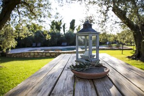 A wooden picnic table with a lantern and a potted plant. - Venturina - One Bedroom (Campiglia Marittima)