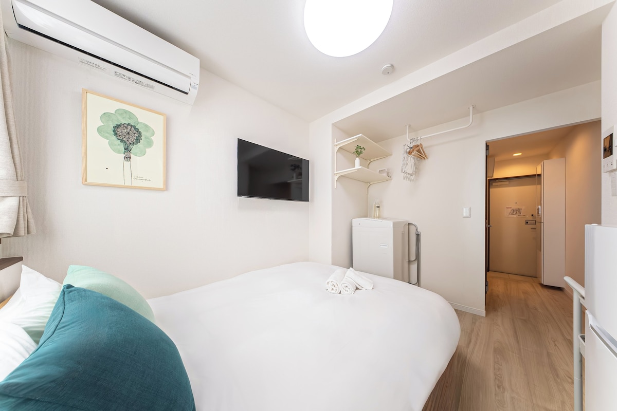 Ein Hotelzimmer mit einem Bett, einem Flachbildfernseher, einer Klimaanlage, einem gerahmten Kunstwerk, einer kleinen Pflanze und einem Minikühlschrank.