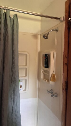 A shower area with a showerhead, a soap dispenser, and a toothbrush holder.