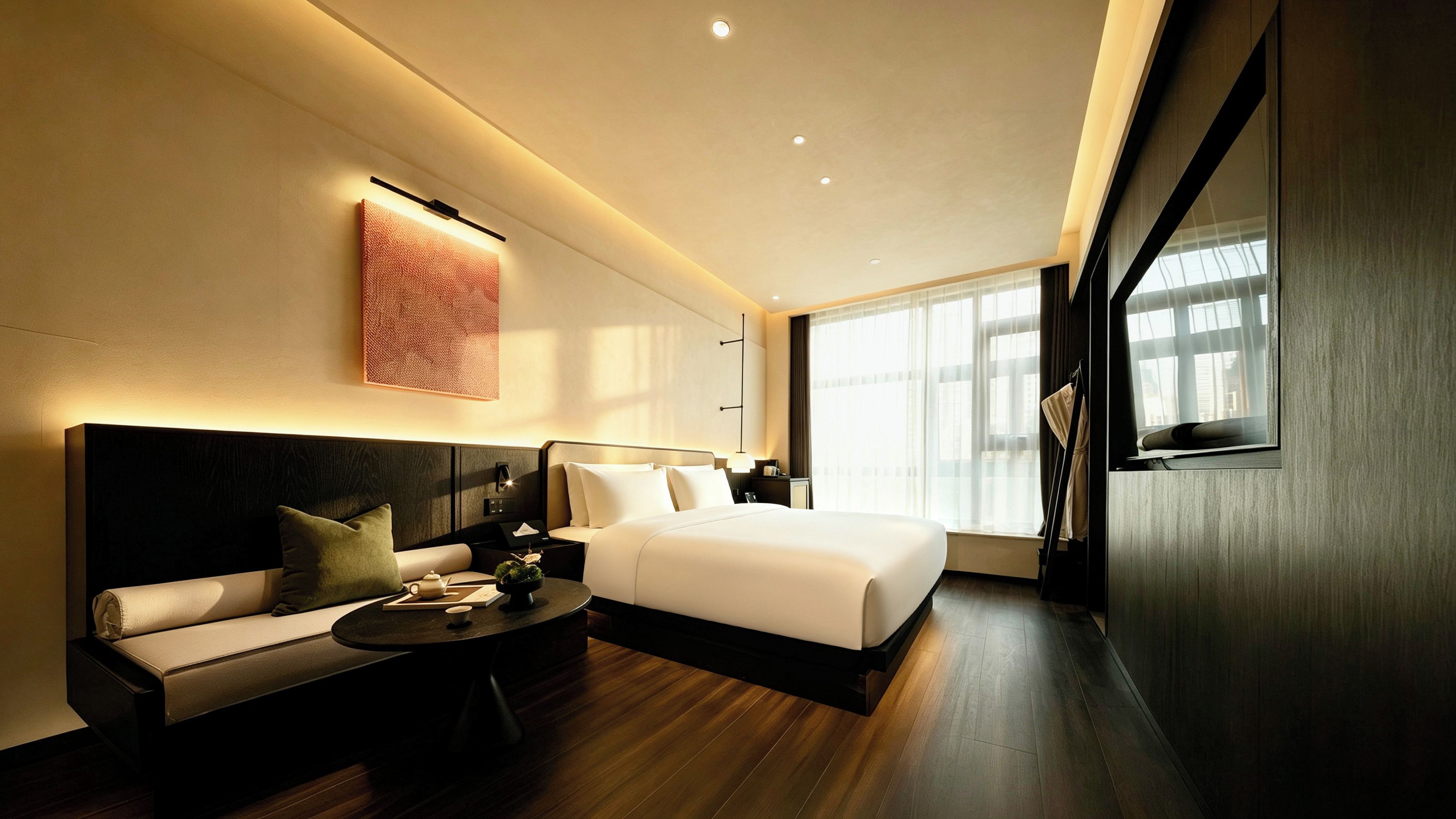 A modern hotel room with a large bed, a sofa, a small table, and a large window.