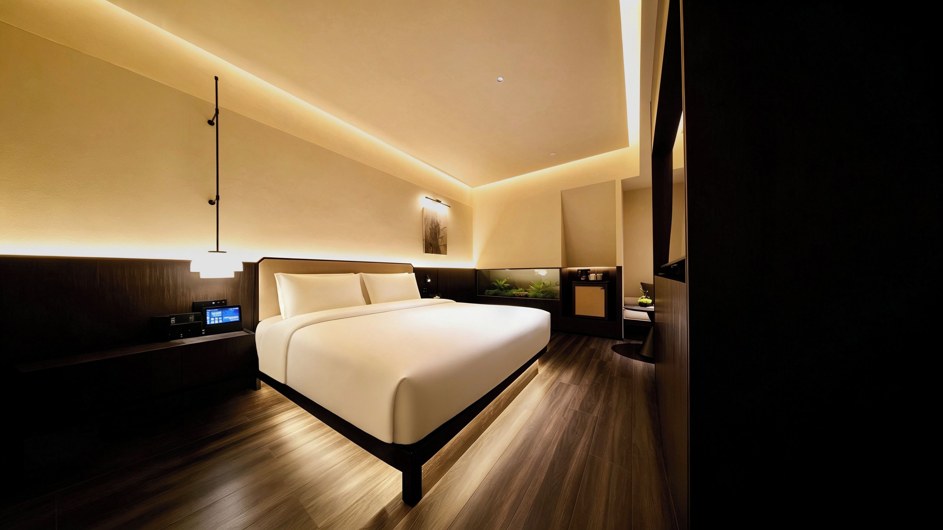 Habitación de hotel moderna con una cama grande, una mesita de noche con un dispositivo digital, una lámpara de pared y un pequeño acuario.