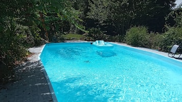 Een rechthoekig zwembad met helderblauw water, omgeven door bomen en een betonnen terras.
