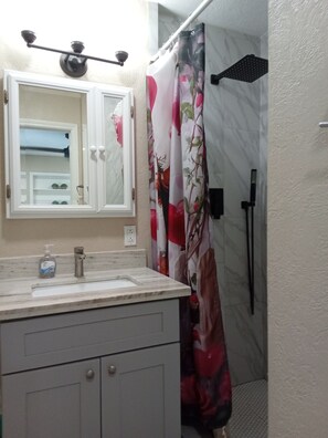 A bathroom with a white vanity, a mirror, a shower curtain with a floral pattern, and a handheld showerhead. - Private 3-bedroom guest suite for up to 6 guests featuring a full kitchen, comfortable living space, private entrance, and swimming pool. Enjoy a peaceful, gated setting with convenient access to Conroe, The Woodlands, shopping, dining, hospitals (Conroe)