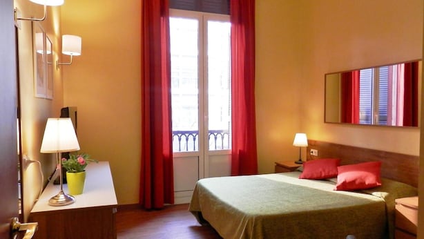 Une chambre d’hôtel avec un lit, des tables de chevet, un bureau, une chaise, une plante en pot et une fenêtre avec des rideaux.