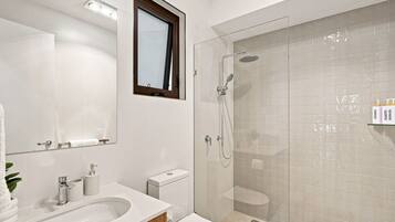 A modern bathroom with a glass-enclosed shower, a sink with a mirror, and a toilet.