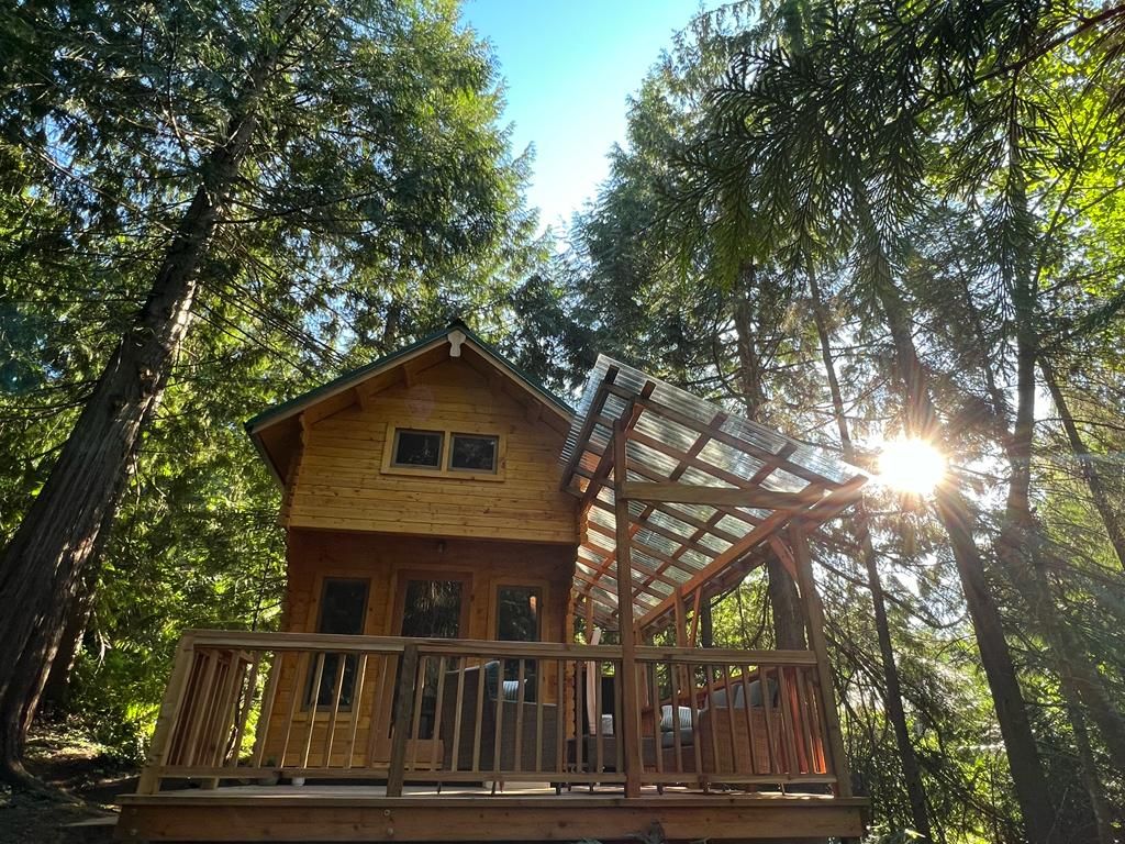 Une cabane en bois dotée d’une terrasse, entourée de grands arbres.