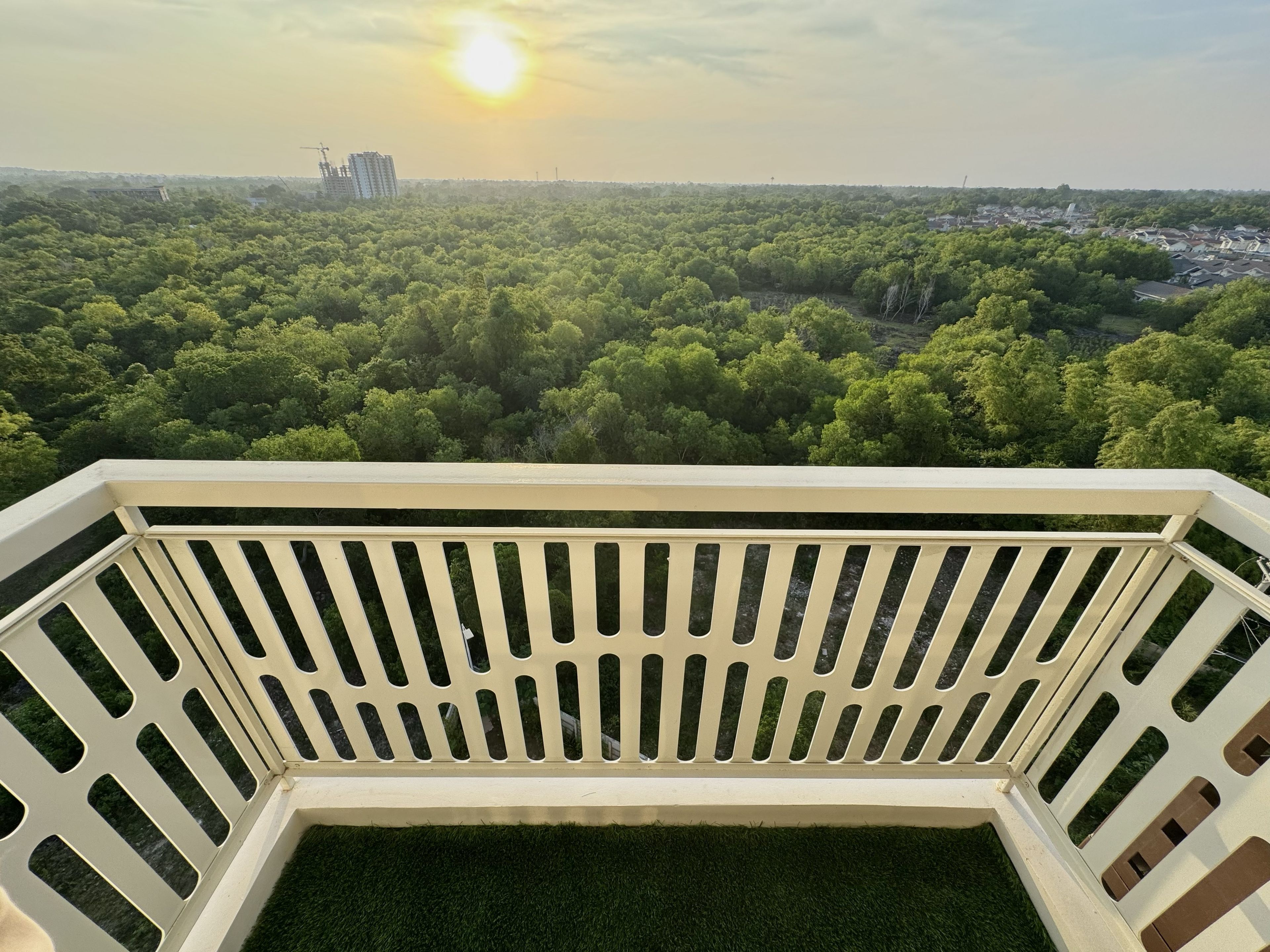 Un balcón con vista a un bosque verde y frondoso y un paisaje urbano en la distancia.