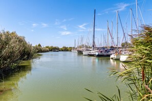 A calm river with boats docked on the right, surrounded by dense vegetation on the left.