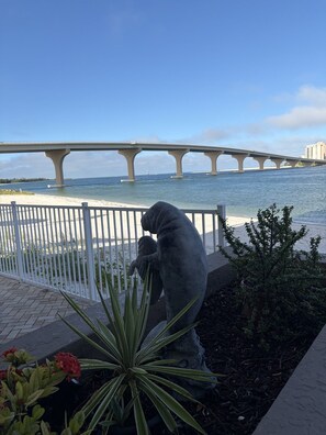 Estátua de uma pessoa à beira-mar, com uma ponte ao fundo.