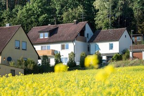 Eine Reihe von Häusern mit geneigten Dächern und Satellitenschüsseln, umgeben von einem Feld gelber Blumen.