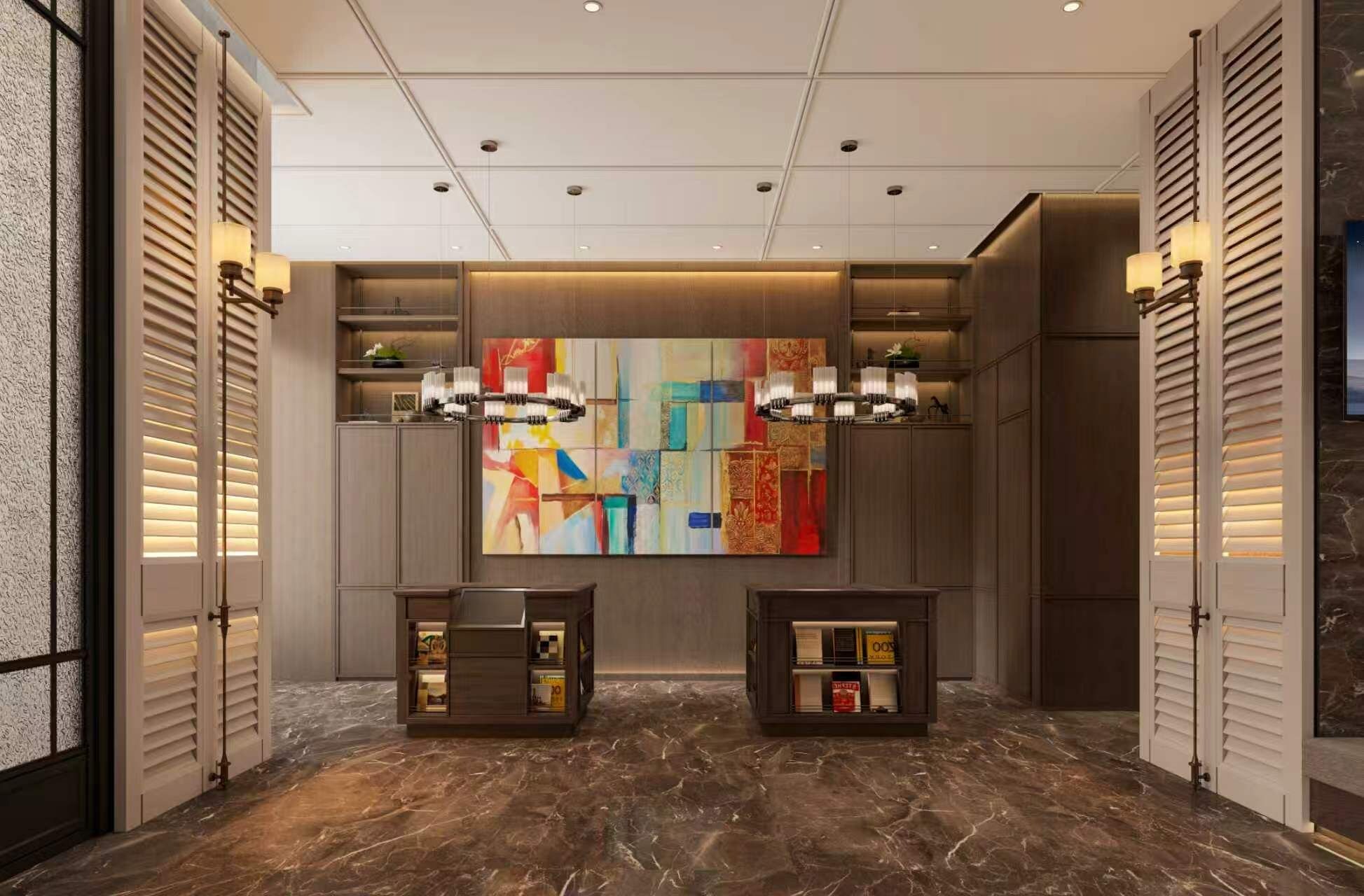 A hotel lobby with a marble floor, a large abstract painting, and two side tables with lamps.