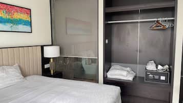 In-room safe, desk, laptop workspace, blackout curtains