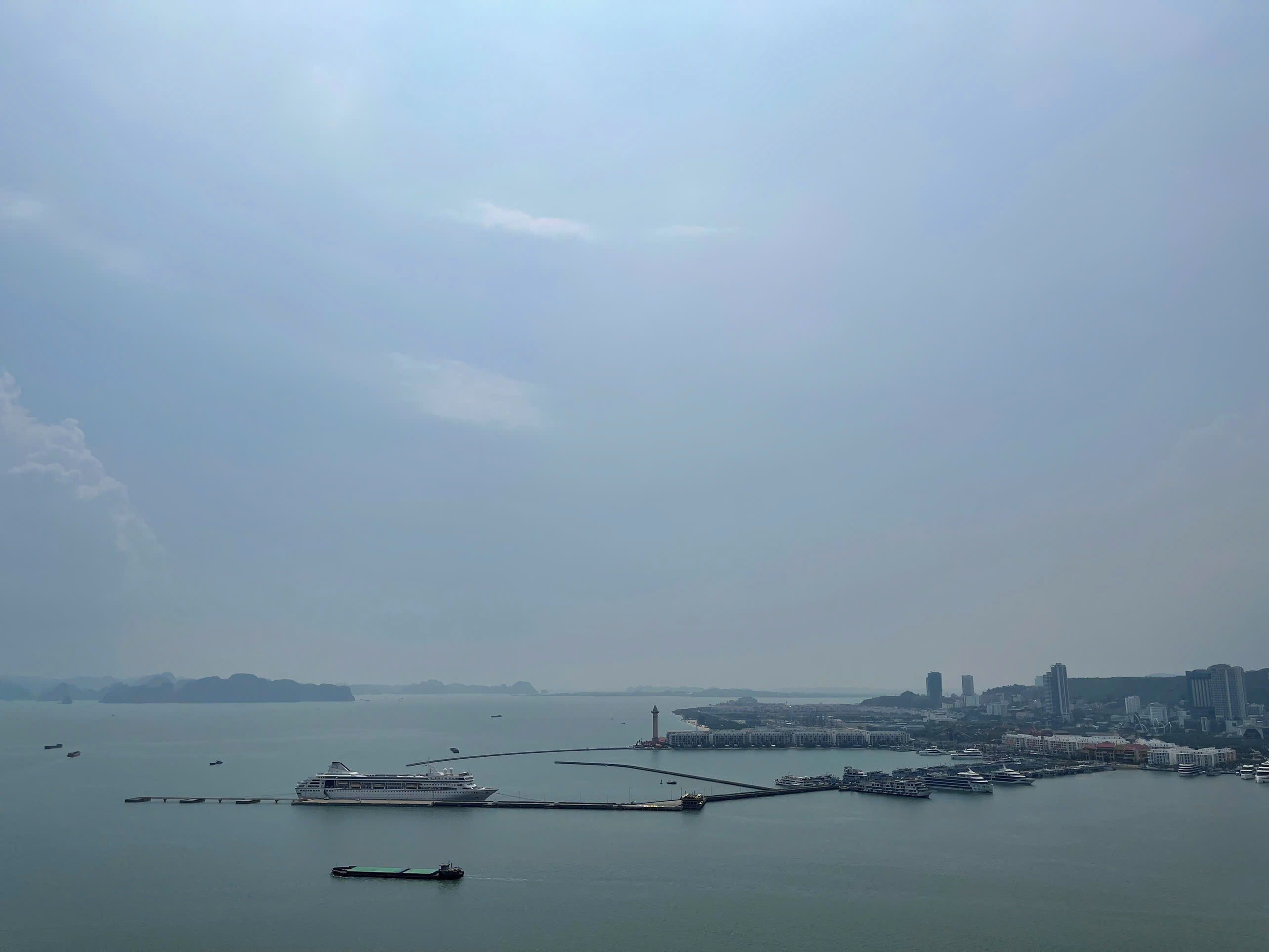 Un port où l’on peut voir différents types de bateaux, un navire de croisière et, au loin, le paysage urbain.