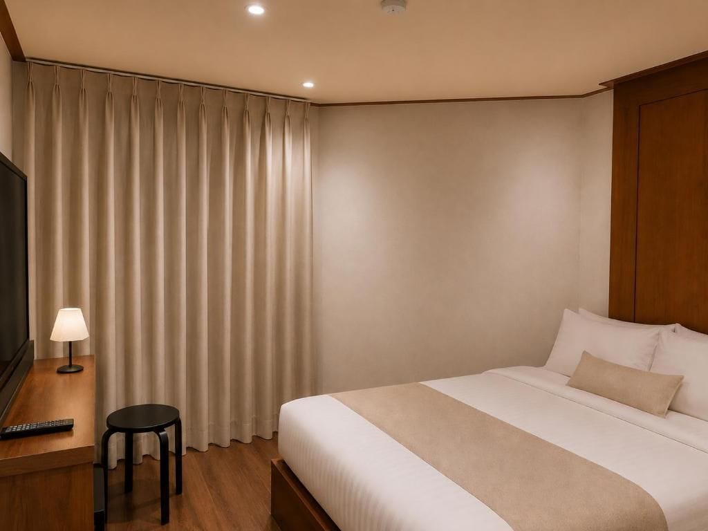 Habitación de hotel con cama, escritorio con lámpara, televisión y ventana con cortinas.