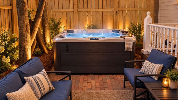 Un bain à remous avec une terrasse en bois, deux chaises et une rambarde.