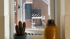 A window with a view of a brick building, a cactus plant, and a ceramic vase. - Waterside (Rye)