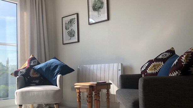 A living room with a grey sofa, a white armchair, a small wooden table, and a patterned rug. There are two framed pictures on the wall. - Waterside (Rye)