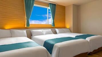 A hotel room with two beds, wooden paneling on the walls, a window with curtains, and a view of the sky.
