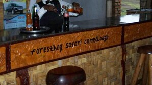 Zona de bar con mostrador de madera y taburetes. El mostrador muestra un cartel que dice 'forest safari camp lodge'. Hay botellas y un vaso sobre el mostrador.