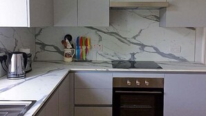 A kitchen with a marble backsplash, stainless steel appliances, and a built-in oven. - Percy Place (Bath)