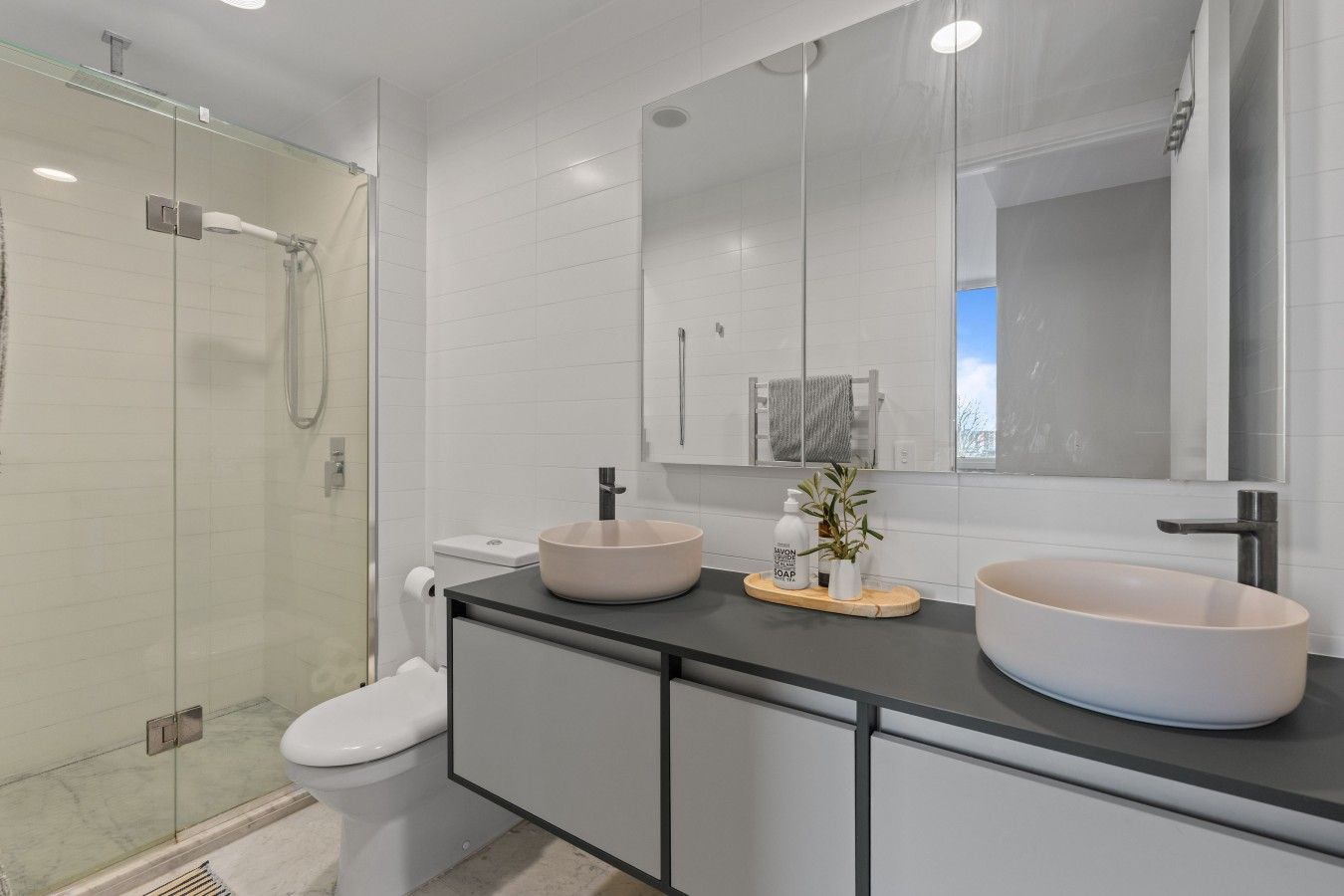 A modern bathroom with a glass shower enclosure, a toilet, a double sink with a beige basin, and a mirror above the sink.