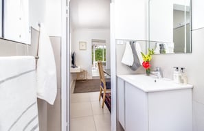 A modern bathroom with a white sink, mirror, and a shower area. - Bleu Cobalt Cottage (Franschhoek)