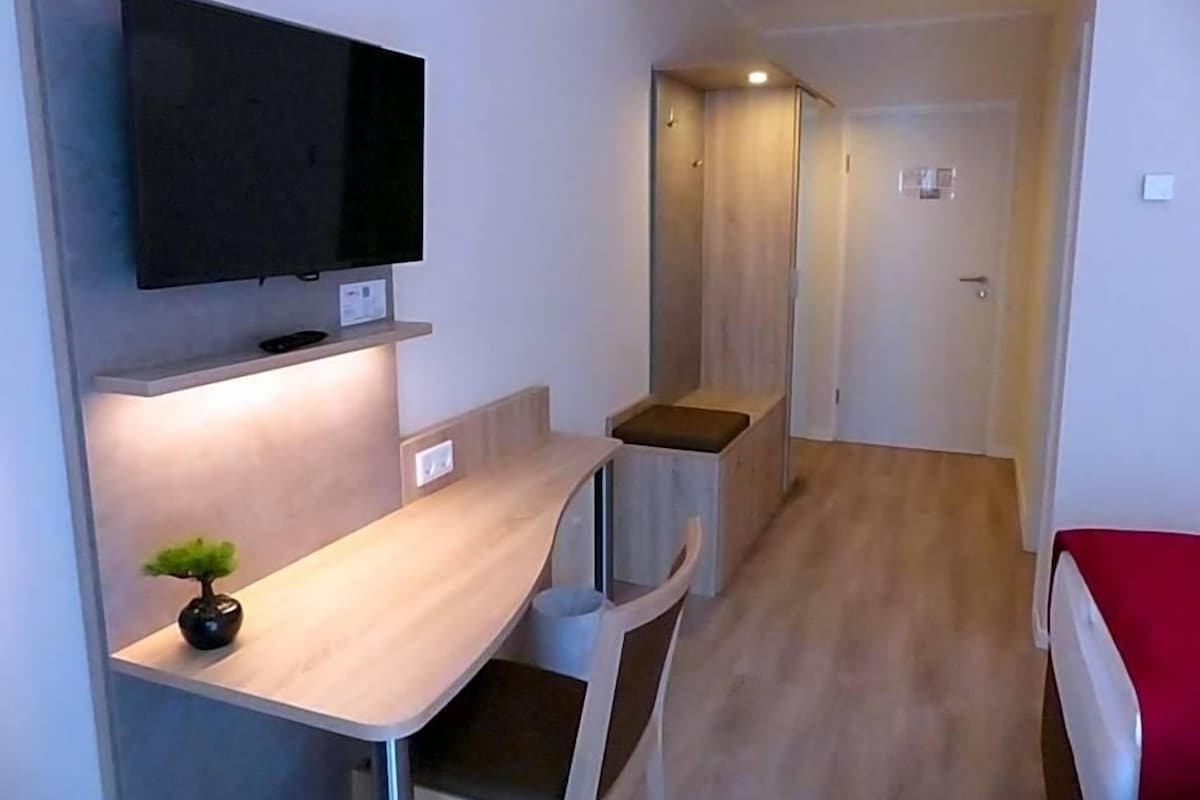 Habitació compacta amb televisió de pantalla plana penjada a la paret, una taula petita amb una planta i un llit amb mantell vermell.