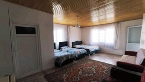 Una habitación con techo de madera, dos camas, un sofá rojo y una alfombra grande.