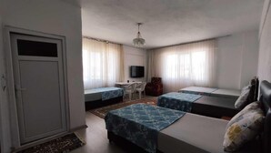 Una habitación con dos camas, un escritorio, una silla, un televisor y un armario.